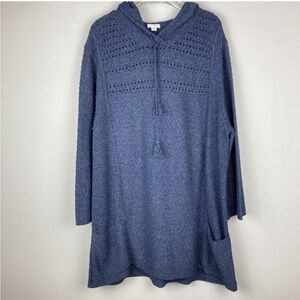 J Jill Hooded Long Sweater L Knit Cotton Blend Heather Blue Tassels Pockets